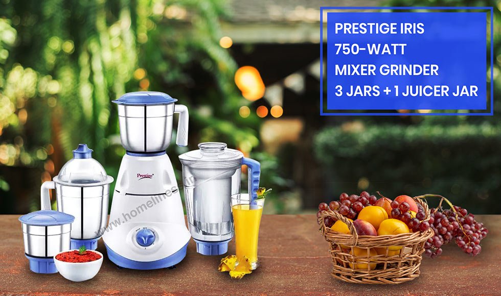 Prestige Iris 750-Watt Mixer Grinder with 3 stainless steel jars + 1 Juicer Jar